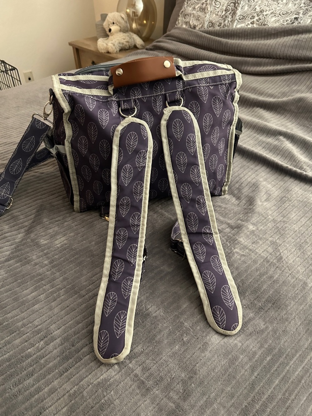 Purple Leaf Print Multi-way Crossbody, Messenger, or Backpack Style Diaper Bag - Picture 2 of 15